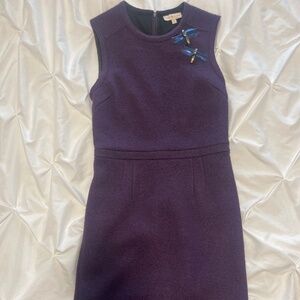Tory Burch purple boiled wool shift dress with dragonfly ornaments